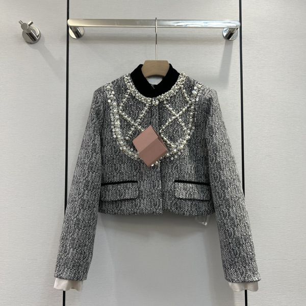 

women's outerwear & coatsautumn and winter new heavy industry pearl inlaid diamond lattice decoration tweed coat, Black;brown
