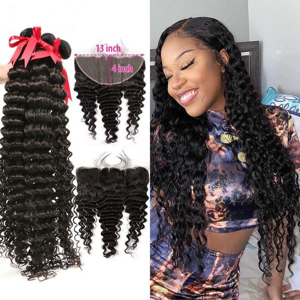 

lace wigs long deep wave weave brazilian curly hair 3 4 bundles with 13x4 frontal double drawn human 28 30 40inch remy 230106, Black;brown