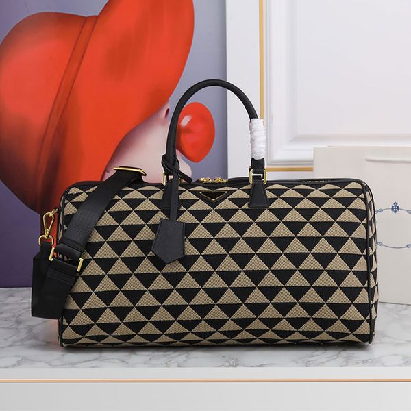 

travel duffle bag embroidered fabric luggage tote bags triangle sign men women handbags leather handle detachable adjustable nylon shoulder