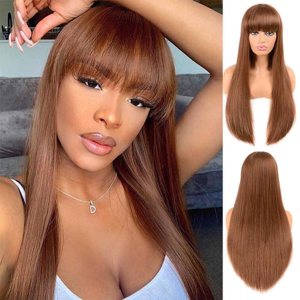 

hair synthetic wig caps the head is covered with straight long bangs chemical fiber high temperature silk 1201, Black;brown