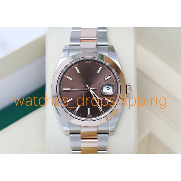 

fashion mens watch 41mm brown dial oyster strap mechanical automatic movment two tone stainless steel watches men wristwatches, Slivery;brown