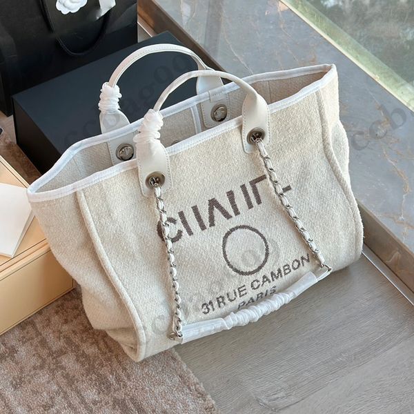 

women maxi white woolen classic beach totes bags tweed vintage silver metal hardware chain crossbody with coins purse luxury large capacity