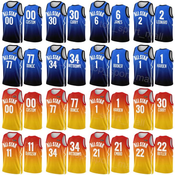 

screen printed 2023 basketball all-star conference jersey kevin durant 7 giannis antetokounmpo 34 jayson tatum 0 joel embiid 21 jimmy butler, Black;red