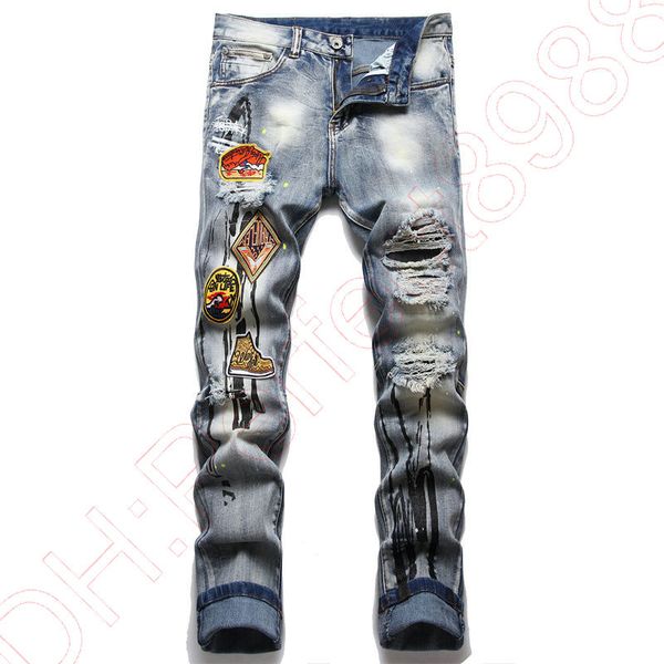 

new jeans pant men's trousers stretch close-fitting slacks washed straight skinny embroidery patchwork ripped mens trend brand motorcyc, Blue