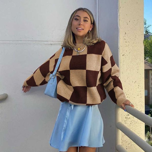 

women's sweaters ladies autumn winter casual knitted jumper oversized loose pullovers plaid female pull knitwear 230118, White;black
