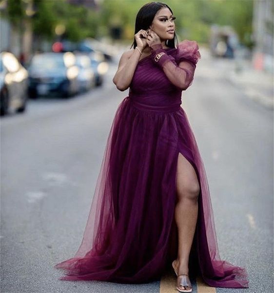 

one shoulder bridesmaid dresses long sleeves soft tulle a-line side slit bridesmaid dress wedding party dresses with zipper back, White;pink