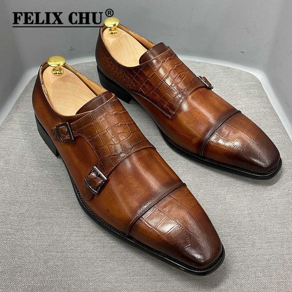 

dress shoes classic mens shoes real calf leather buckle monk strap crocodi, Black