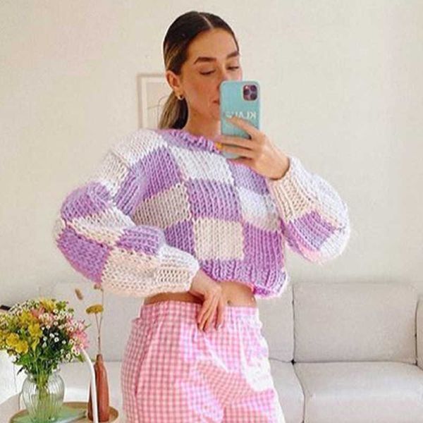 

women's sweaters ladies vintage short spring autumn print y2k plaid streetwear crop loose pullovers knit cute outfits 230118, White;black