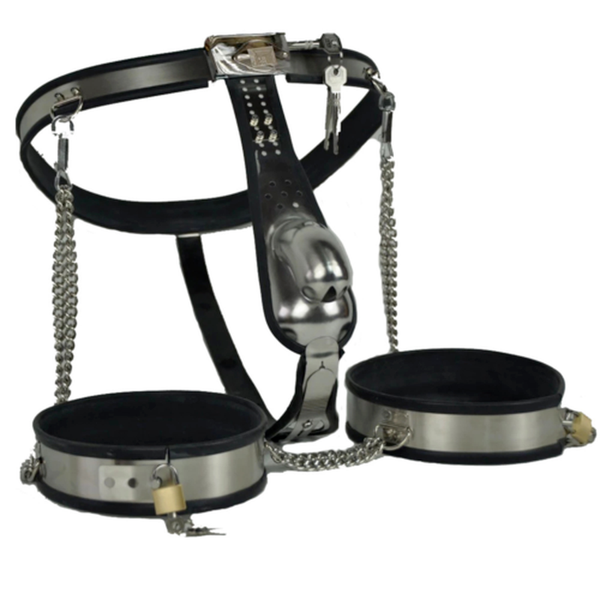 

mens g-strings 3pcs male chastity belt device bondage set stainless steel cock cage plug thigh band toy heavy duty external, Black;brown