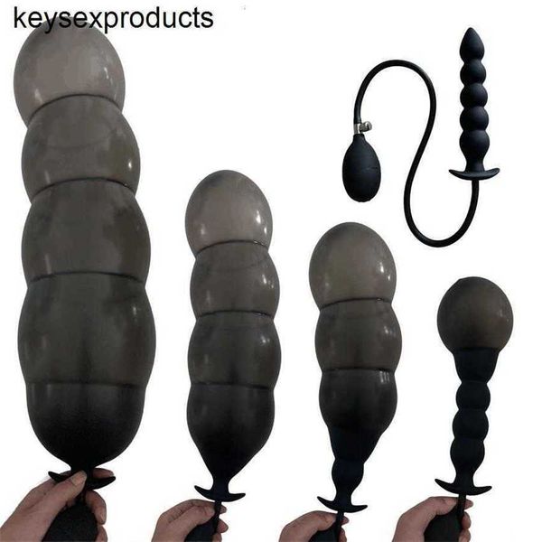 

massager expansion diameter 14cm inflatable long dildo anal plug with 5 beads built-in silicone column huge butt ass dilator toy