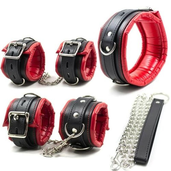 

mens g-strings padded pu leather handcuffs ankle cuffs collar soft choker with chain leash restraint bdsm game toys f, Black;brown