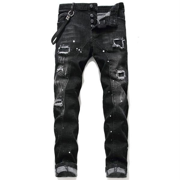 

unique mens distressed ripped blue skinny jeans fashion designer slim fit washed motocycle denim pants panelled hip hop biker trou275h