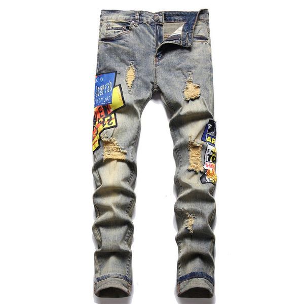 

new jeans chino pants pant men's trousers stretch close-fitting slacks washed straight skinny embroidery patchwork ripped mens trend br, Blue