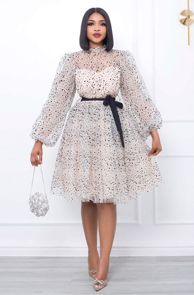 

casual dresses new crewneck printed mesh gauze wave dot bubble sleeve temperament in the long dress, Black;gray