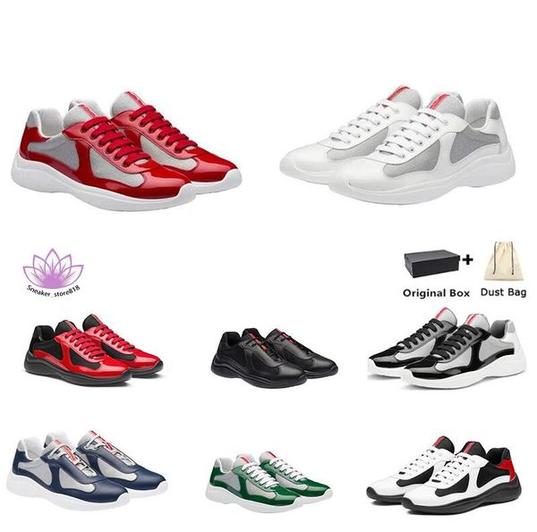 

designer men america's cup casual shoes sneaker blue black patent leather flat mesh lace-up casual trainers outdoor runner shoe with bo