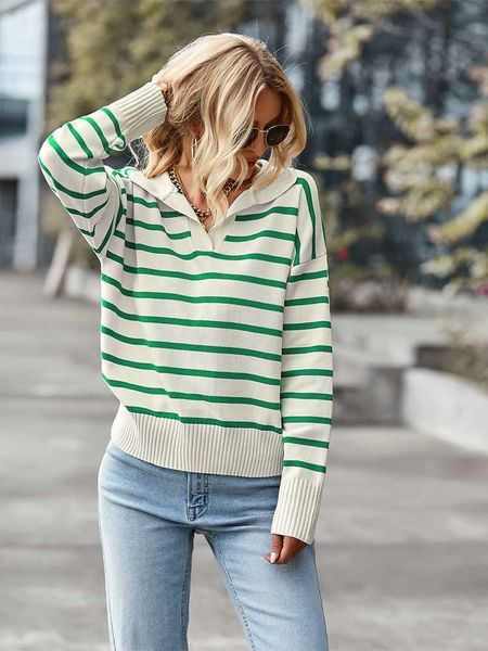 

women's sweaters ladies fashion autumn winter striped knitted loose pullover lapel soft casual streetwear female 230118, White;black