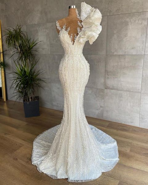 

2023 luxury mermaid wedding dresses crystal jewel neck illusion sequins summer sweep train flowers ruffles bridal dresses custom made vestid, White