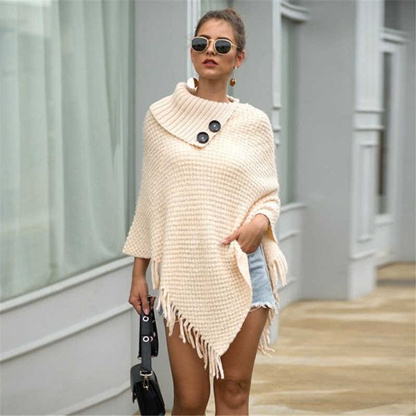 

women's sweaters wool blends women poncho winter cape korean high collar two buckle tassel cloak slim coat warm luxury 230118, White;black