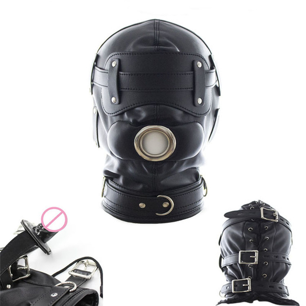 

mens g-strings pu leather bondage hood head harnes hood plug lockable riding mask with mouth gag gimp sm costumes toy, Black;brown