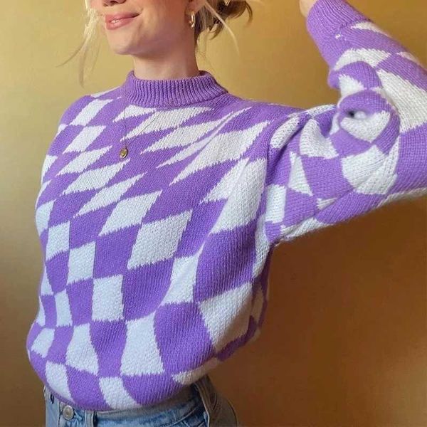 

women's sweaters ladies autumn winter o neck casual jumper y2k knitted loose pullovers plaid female pull knitwear 230118, White;black