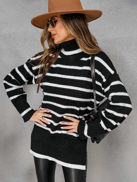 

women's sweaters ladies autumn winter turtleneck pullover striped loose casual chic streetwear jumpers female 230118, White;black