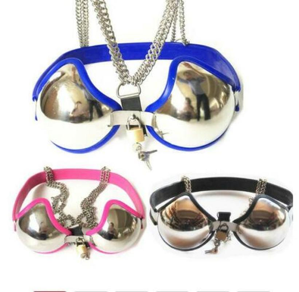 

mens g-strings female/male chastity belt device stainless steel adjustable bra a-d lock harness bust breast chastity bondage se, Black;brown