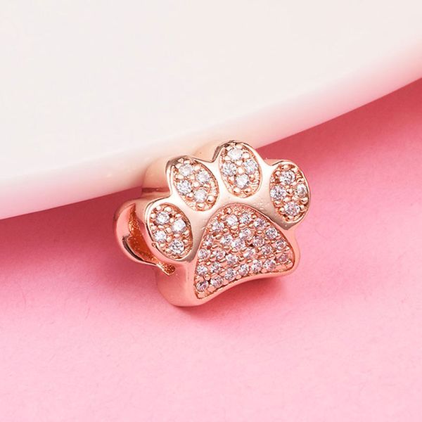 

rose gold metal plated sparkling paw print charm bead only fits european pandora type jewelry bracelets necklaces, Black