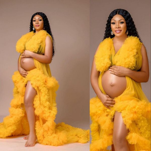 

2023 yellow ruffles maternity prom dress tiered robes for p shoot or baby shower chic women prom gowns v neck pgraphy robe pregancy wraps, Black