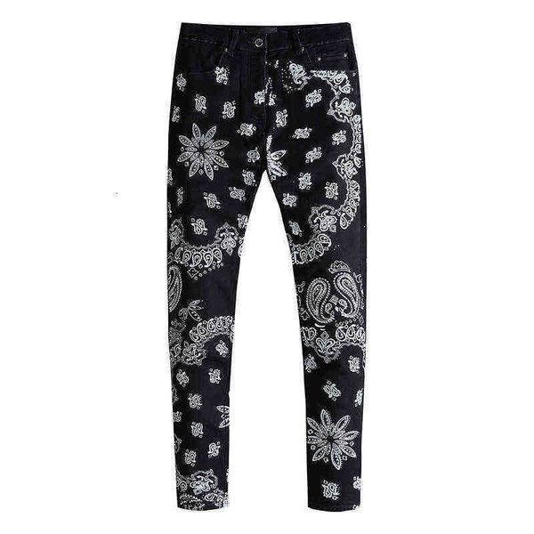 

men's jeans cashew blossom pants print slim fit small foot men's perforated black jeans casual, Blue