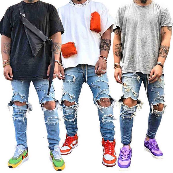 

men's jeans jx7007 fashion trend light blue non elastic perforated men's jeans
