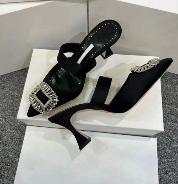 

elegant brand prietasli sandals shoes two-tone satin slingback pumps crystal buckle mules embellished party wedding lady slippers eu35-43, Black