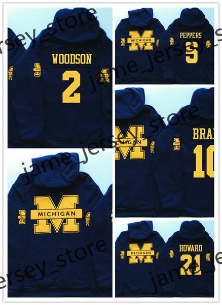 

american college football wear michigan pullover hoodie jersey 2 charles woodson 4 jim harbaugh 5 jabrill peppers 10 tom brady 21 desmond ho, Black