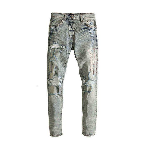 

men's jeans fashion brand spring and summer washing water used checkerboard destruction knife cutting slim fit slp high street, Blue