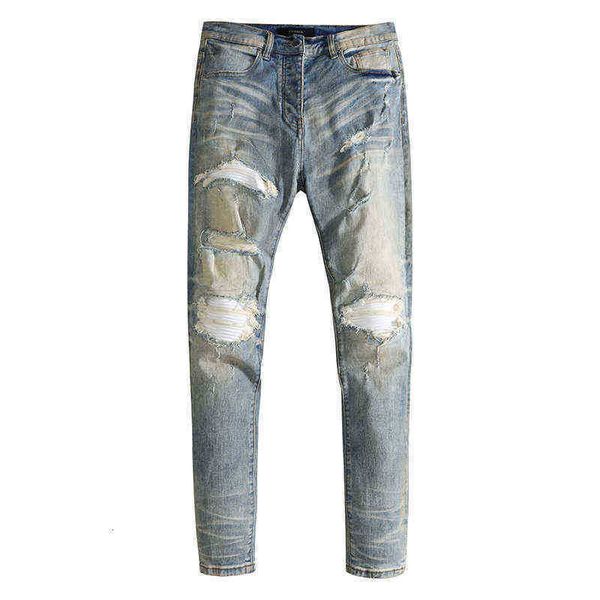 

men's jeans high street white patchwork hole used washing jeans, Blue