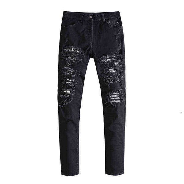 

men's jeans fashion brand wash water hole worn cashew nut flower elastic slim fit versatile jeans men's and women's high stre, Blue