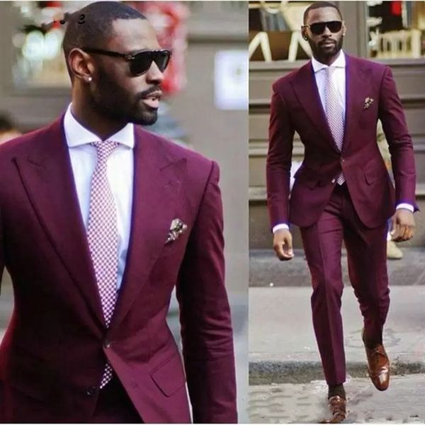 

2 pieces burgundy groom wear wedding tuxedos long sleeves two buttons slim fit men suits prom party blazer jacket pants fashion coat trouser, Black;gray