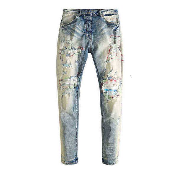 

men's jeans worn hole decal cloth a letter big damage slim fit small foot elastic jeans men's high street, Blue
