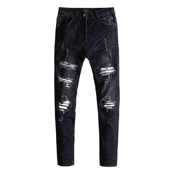 

men's jeans high street knee hole white texture patchwork used wash jeans, Blue