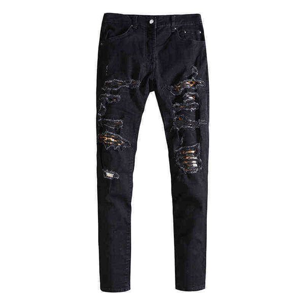 

men's jeans high street leopard pattern patchwork hole used washing jeans, Blue