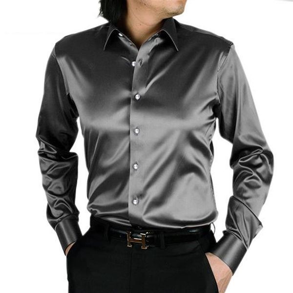 

mens solid silk casual shirts long sleeve rayon wedding dress shirts men soft comfortable fashion shine silk shirt camisa ts-1433101, White;black