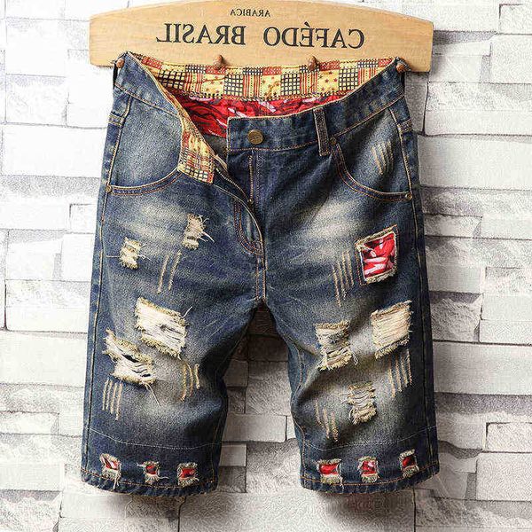 

men's jeans 2022 summer washed holes loose denim shorts men's fashion brand used capris beggar pants, Blue