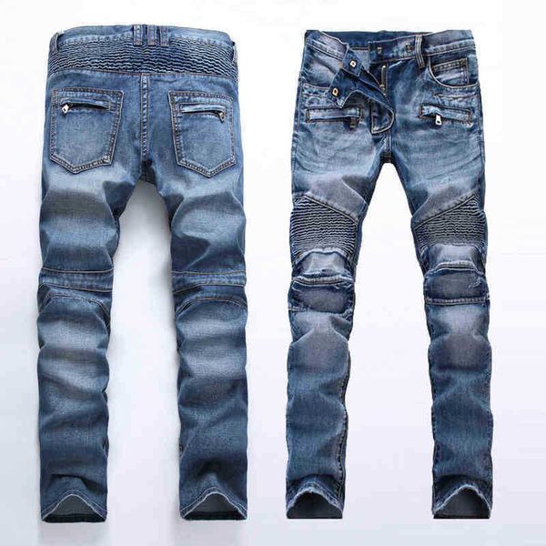 

men's jeans men's light color pleated slim straight zipper decorative motorcycle pants, Blue