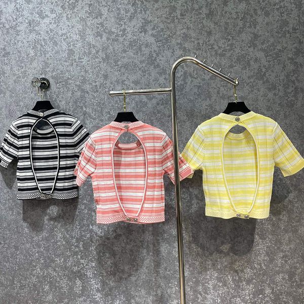 

knits fashion women summer t (women's shirt brand new women's 3 backless sweaters knitting stripe round neck short sleeve pullover, White