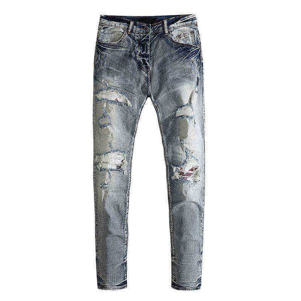 

men's jeans men's jeans summer trend ins elastic slim straight ripped pants, Blue