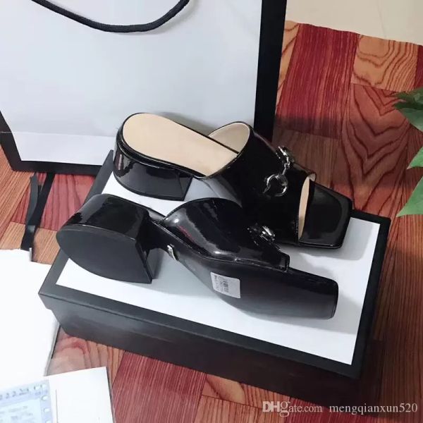 

classic designer women slippers cowhide 100% bright lacquer leather thick heels metal woman shoe beach lazy sandals high heeled shoes large, Black