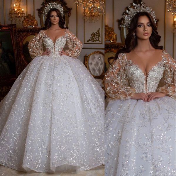 

2023 ball gown wedding dresses luxury silver crystal beading jewel neck illusion long sleeves dubai arabic lace sequined flowers bride brida, White
