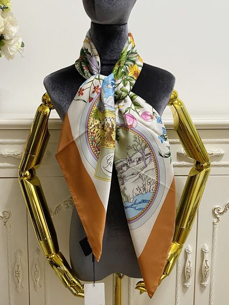 

women's square scarf scarves 100% twill silk material orange color pint letters flowers pattern size 110cm - 110cm, Blue;gray