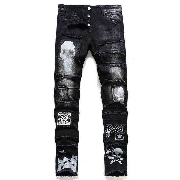 

men's jeans ripped patch jeans new skull print stitching beggar slim legged pants, Blue