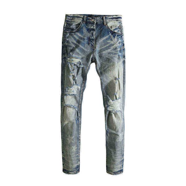 

men's jeans wash water big hole beggar old slim fit high street, Blue