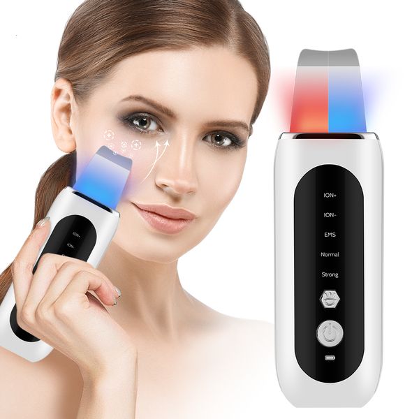 

face massager ultrasonic skin scrubber shoveling ems microcurrent ion import lift pore clean red blue light beauty tool 230114